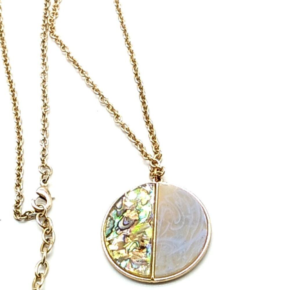 SUGARFIX Large Split Circle Faux MOP-Abalone Necklace Long Gold-tone Chain